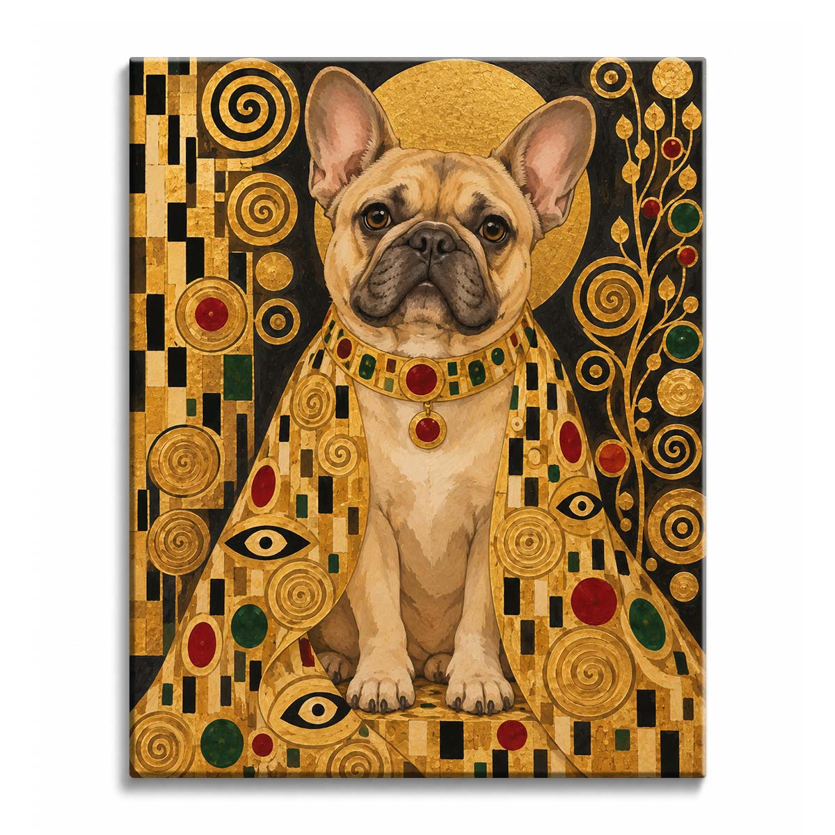 A French bulldog paint by numbers design showing the dog in a golden mosaic robe with a halo behind its ears.