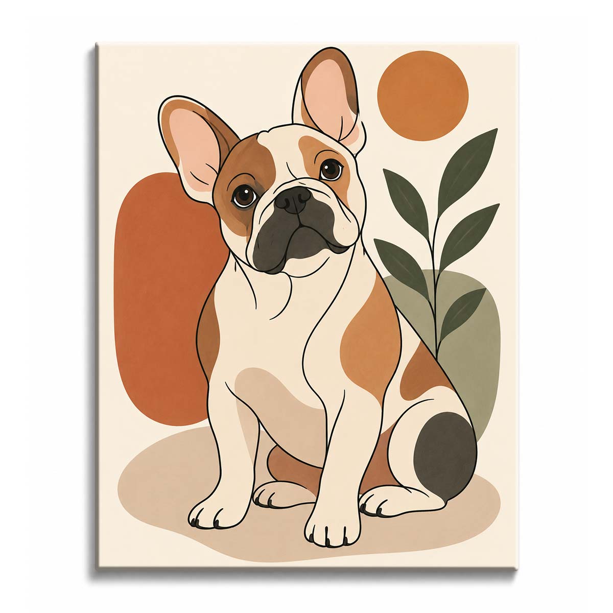 A French bulldog paint by numbers design showing a seated cream-and-rust dog with upright ears, olive leaves, and rust circles.