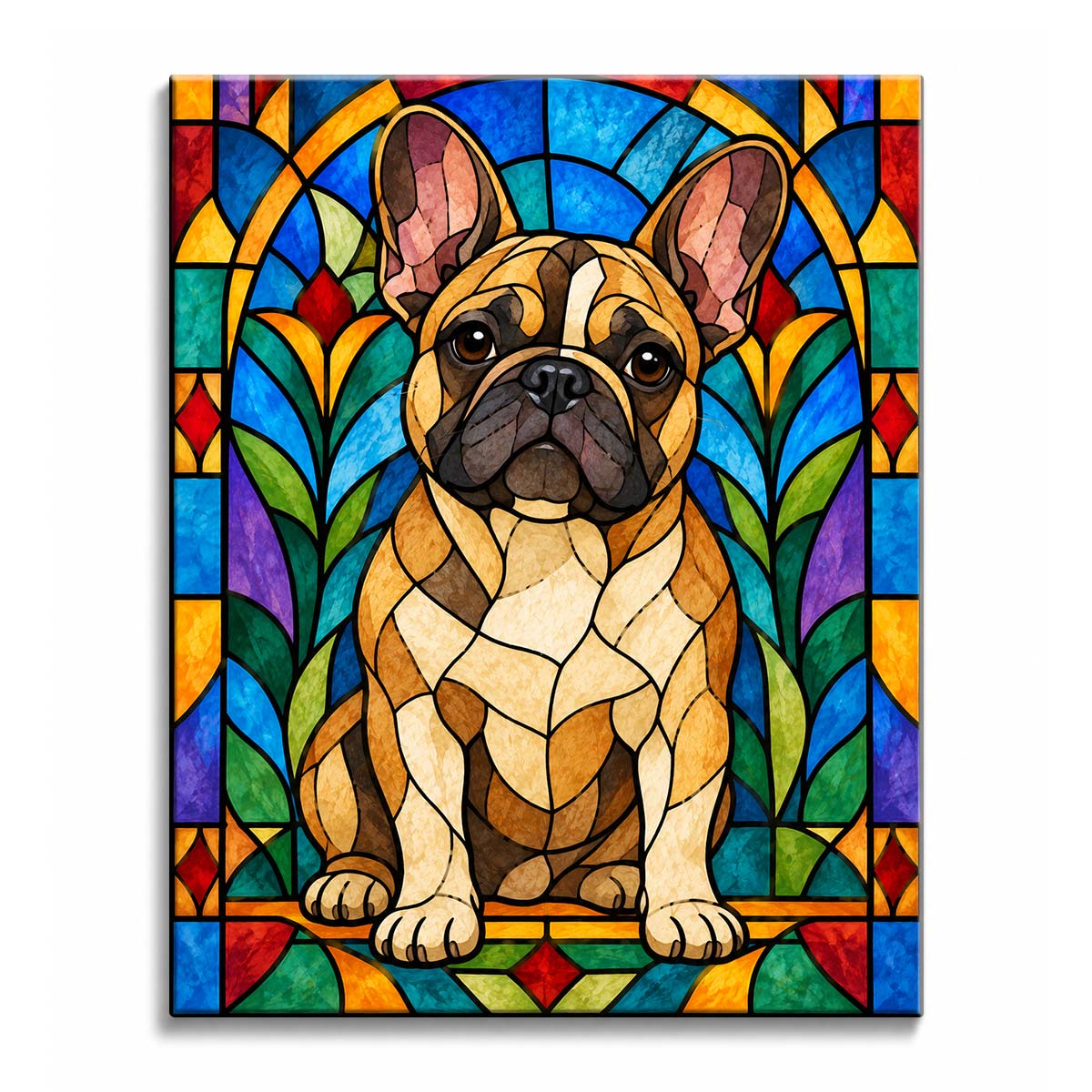A tan French bulldog faces forward inside a stained glass paint by numbers design with blue arches, green leaves, and red corner panes.