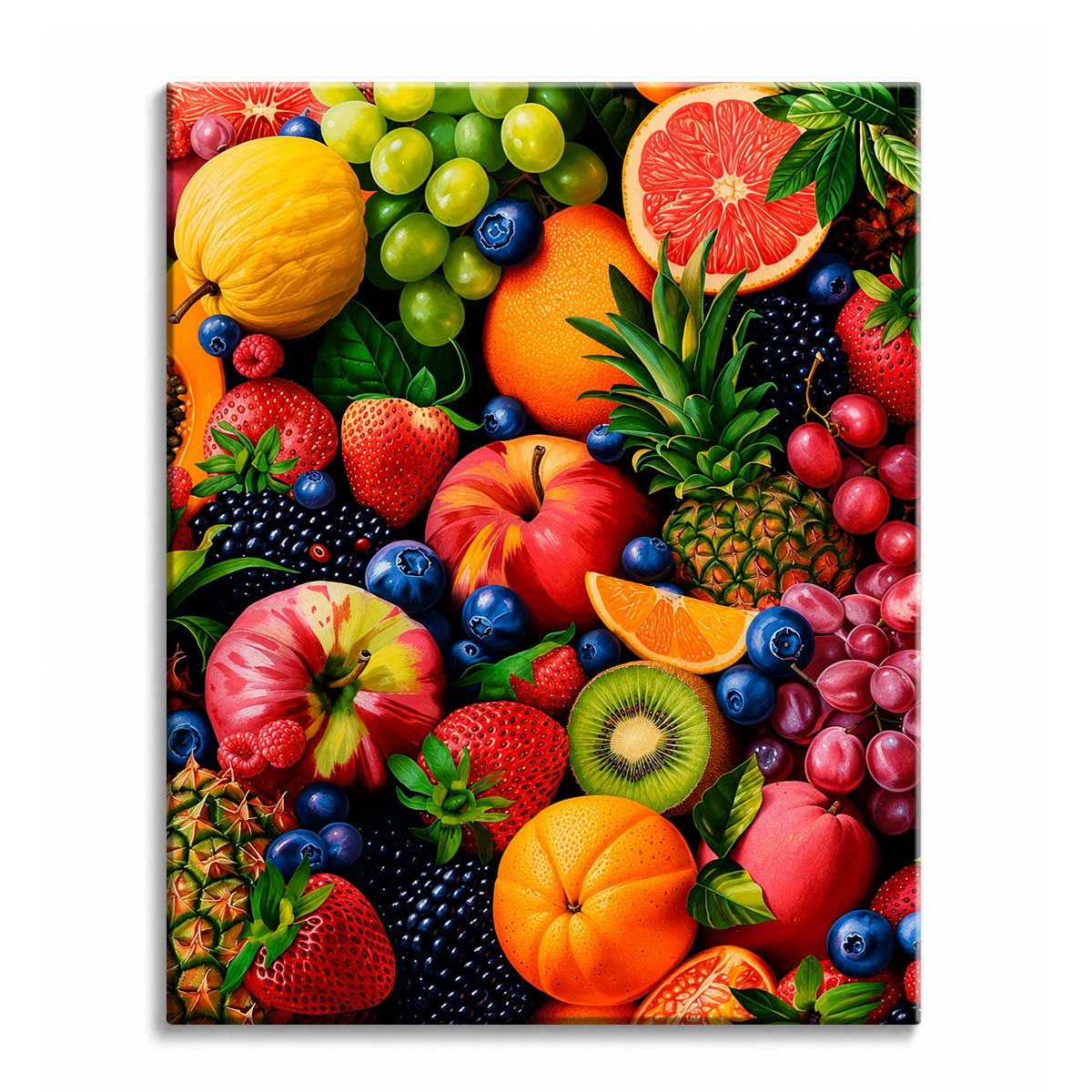 A fruit paint by numbers design filled edge to edge with strawberries, blueberries, grapes, pineapple, kiwi and citrus slices.
