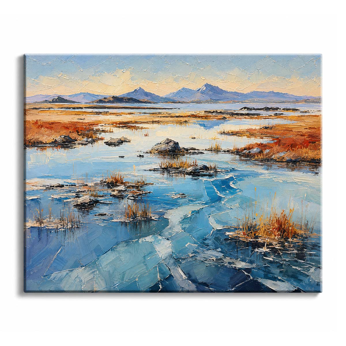 Cracked blue ice spreads across a marsh toward copper reeds and a distant mountain ridge, in a paint by numbers design.