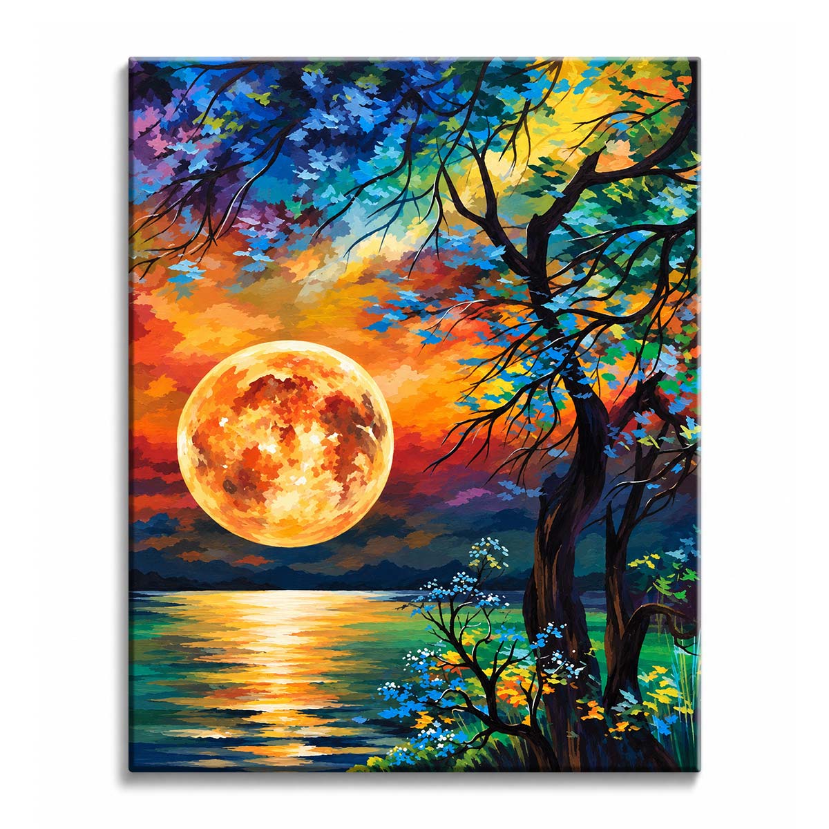 Golden light from a full moon crosses a lake in a paint by numbers design framed by dark trunks and multicolored branching trees.