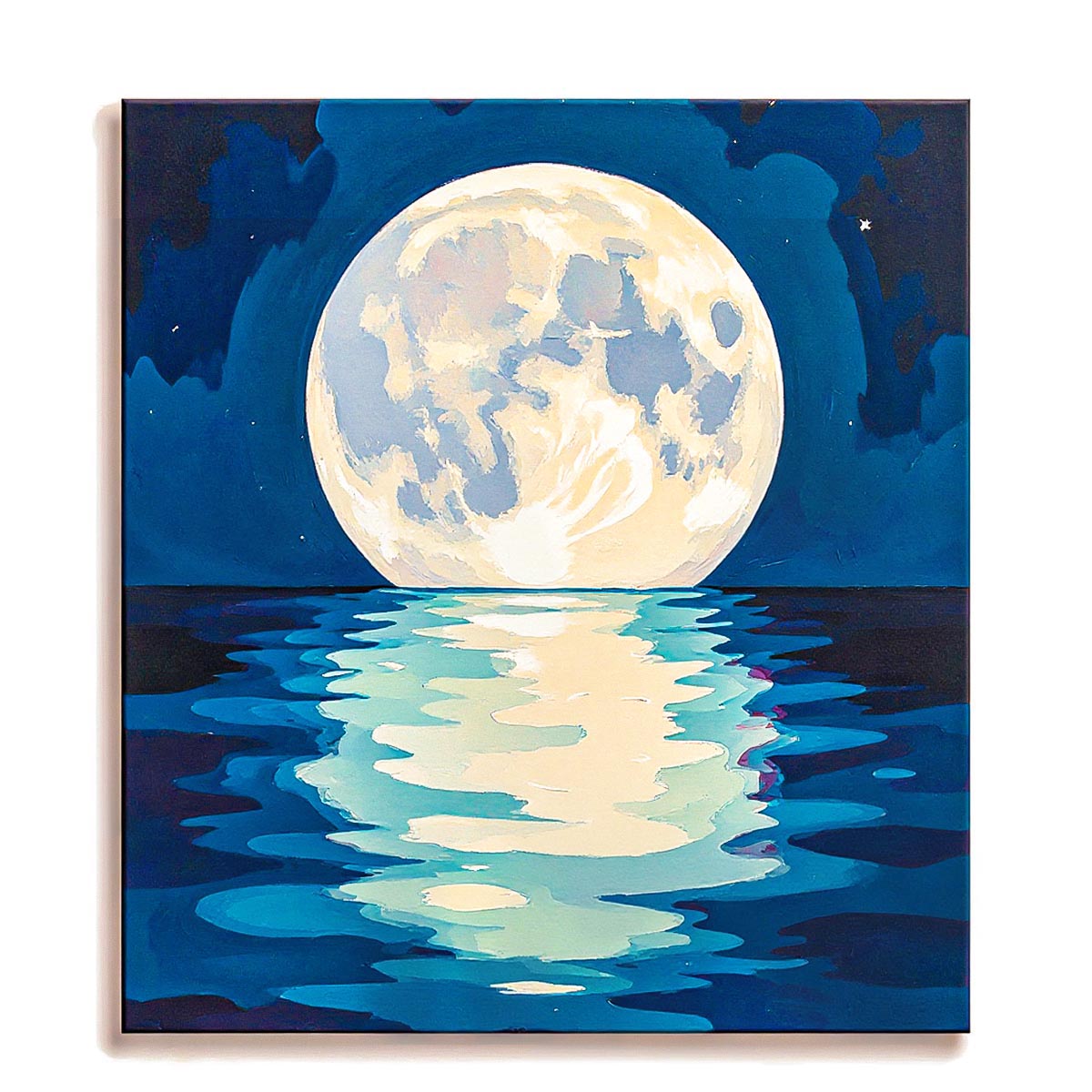 Full moon over ocean paint by numbers design with glowing water reflection