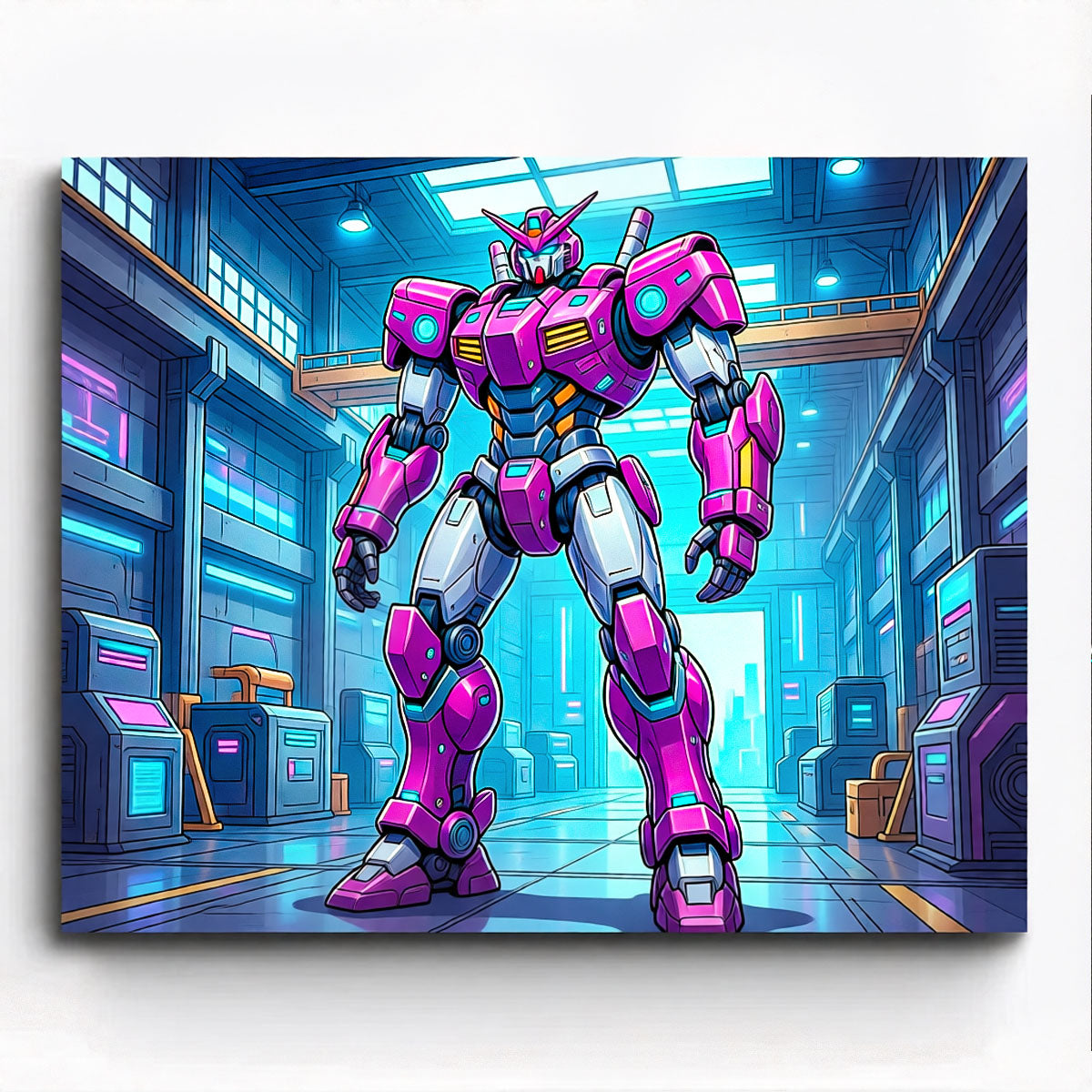 neon pink anime mecha robot standing inside futuristic industrial hangar paint by numbers design