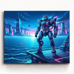 anime neon mecha robot standing on futuristic harbor platform paint by numbers design