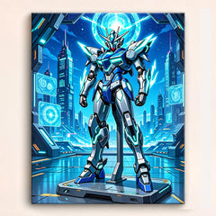anime neon core mecha robot standing on futuristic platform paint by numbers design