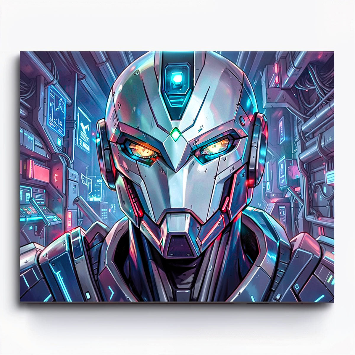 cyber anime mecha robot head close-up with glowing eyes and sci-fi control room paint by numbers design