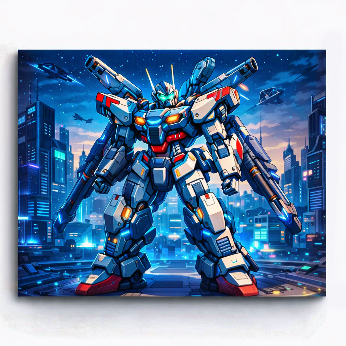 anime heavy armor mecha robot with cannons standing in futuristic night city paint by numbers design