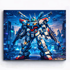 anime heavy armor mecha robot with cannons standing in futuristic night city paint by numbers design
