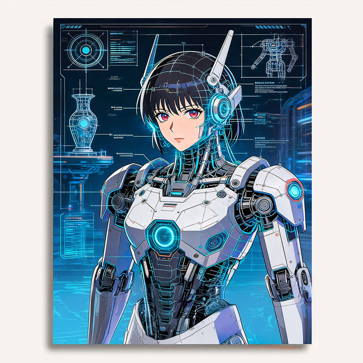 anime cyber mecha pilot with futuristic interface headset paint by numbers design