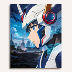 anime mecha pilot portrait wearing futuristic helmet overlooking sci-fi city paint by numbers design