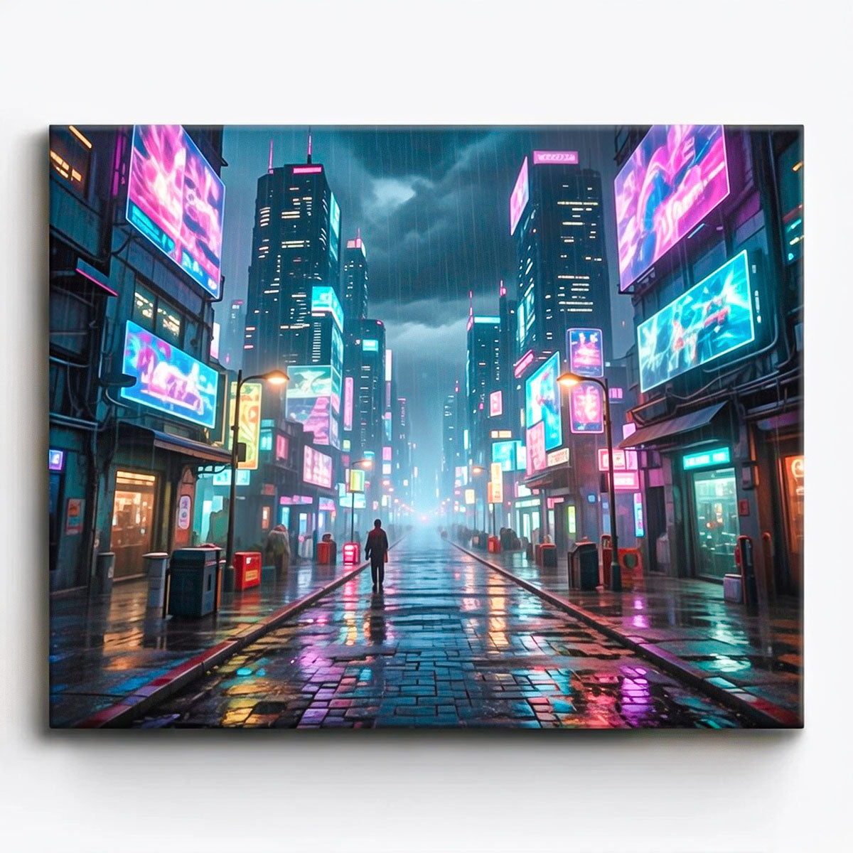 anime cyberpunk neon city street at night with glowing billboards wet pavement reflections futuristic paint by numbers design