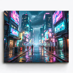 anime cyberpunk neon city street at night with glowing billboards wet pavement reflections futuristic paint by numbers design