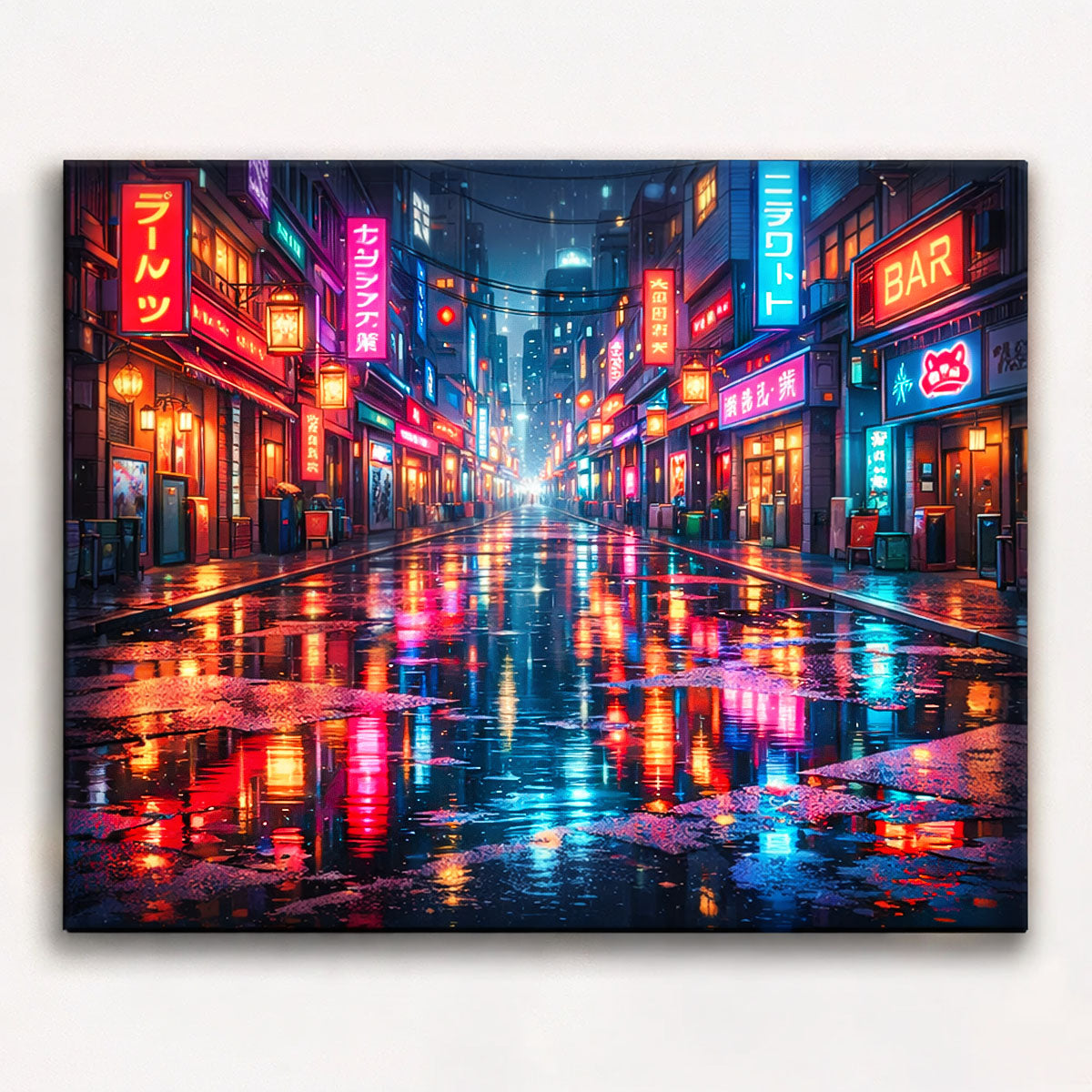 anime cyberpunk neon district street with colorful signs and reflections on wet pavement futuristic night city paint by numbers design