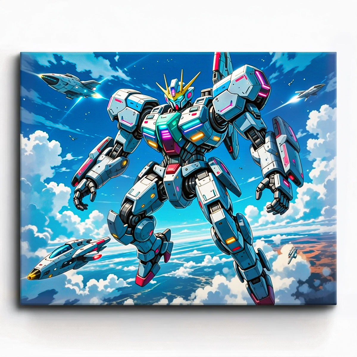 anime combat mecha flying above clouds with futuristic aircraft paint by numbers design