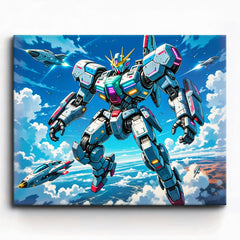 anime combat mecha flying above clouds with futuristic aircraft paint by numbers design
