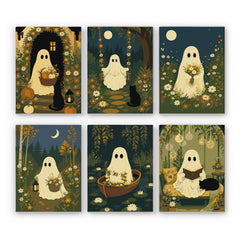 Gathering flowers in moonlit gardens, gentle ghosts appear across six small folk-style designs with black cats and lanterns, in a ghost paint by numbers mini set.