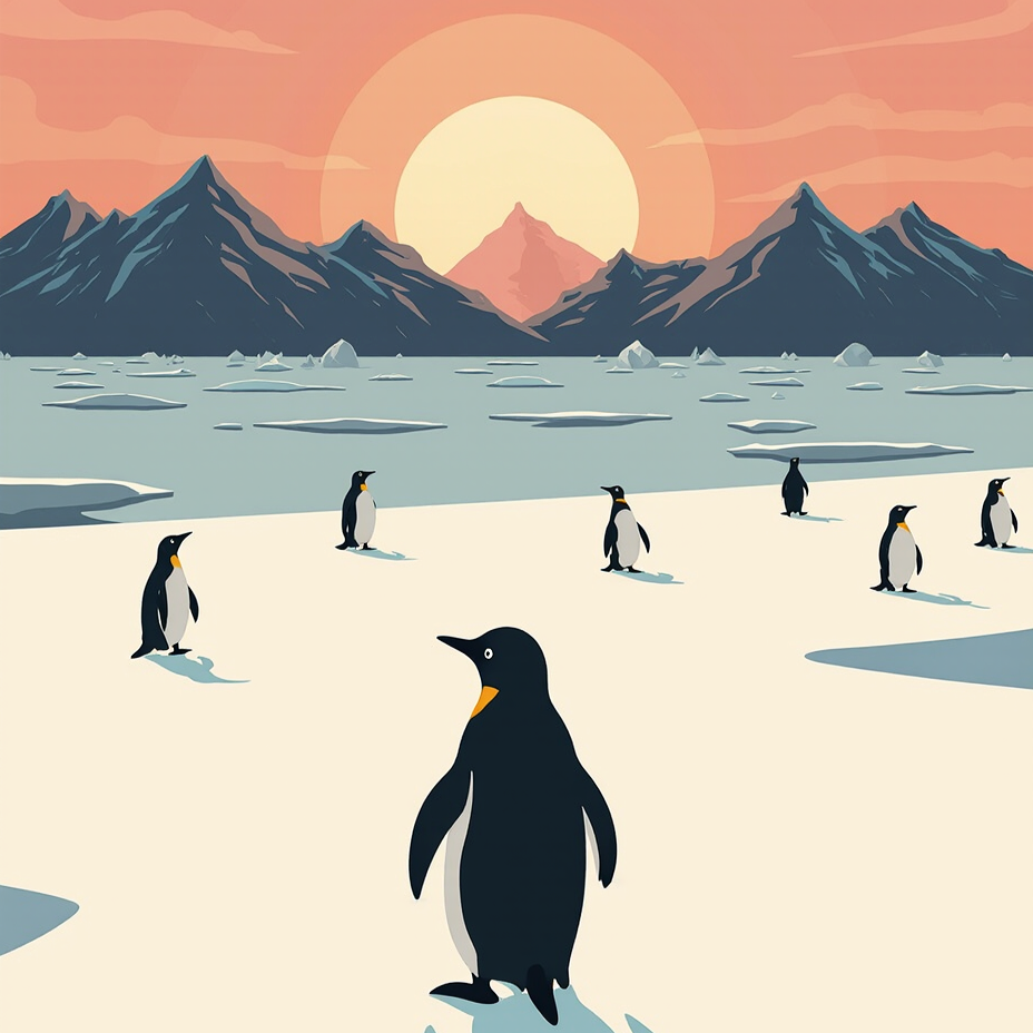 Group of penguins on an ice field at dawn with slate mountains and a large salmon sun paint by numbers design.
