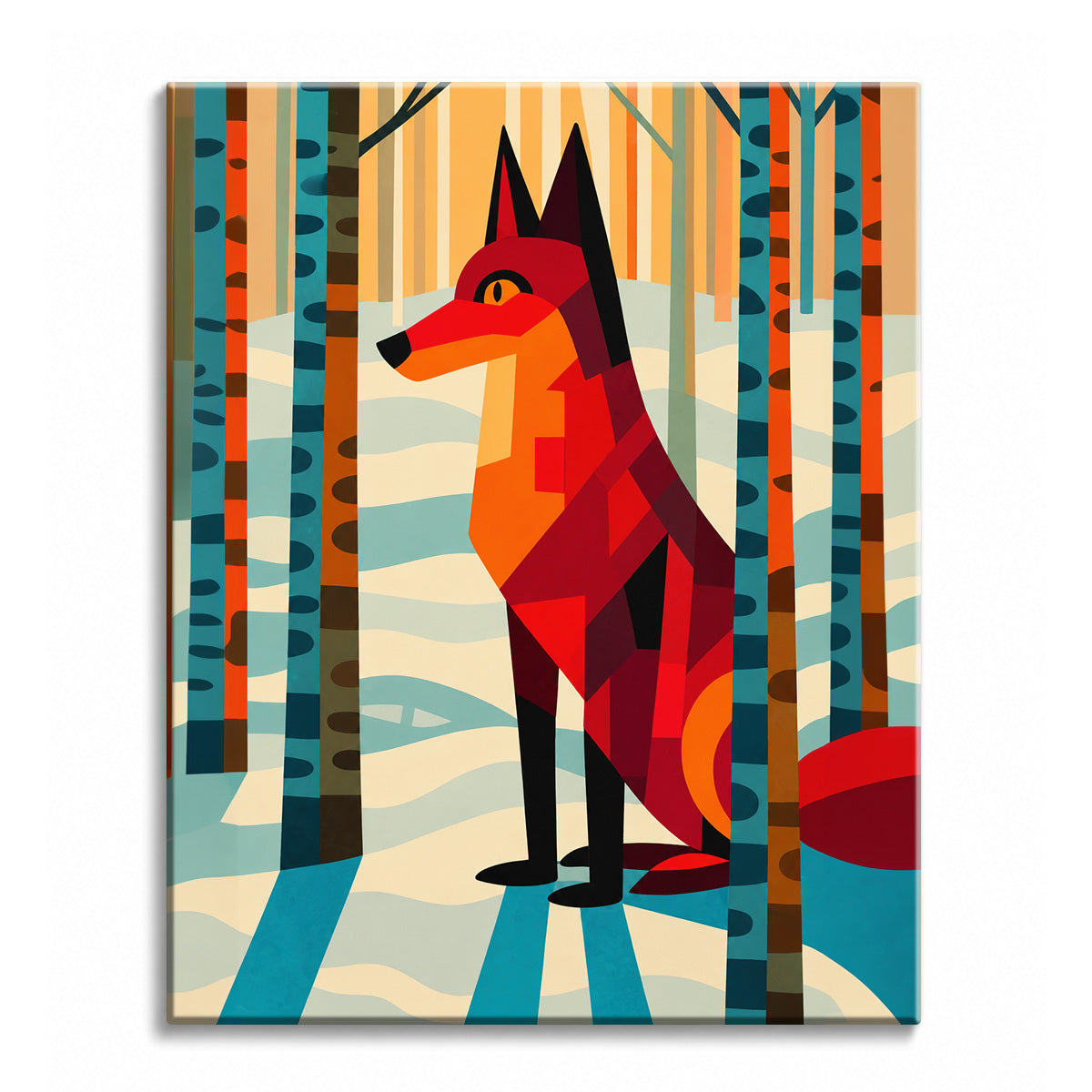 A fox built from angular red and orange geometric shapes standing in a stylized birch forest with blue shadows on snow, shown as a paint by numbers canvas.