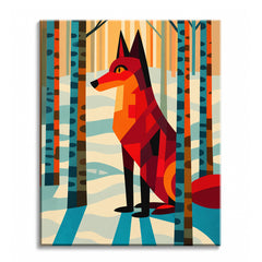 A fox built from angular red and orange geometric shapes standing in a stylized birch forest with blue shadows on snow, shown as a paint by numbers canvas.