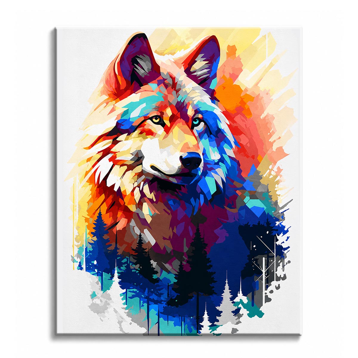 A wolf head built from bright red, purple and blue geometric facets above a pine forest silhouette, shown as a paint by numbers canvas.