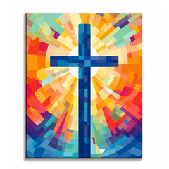 A blue cross against a white circle of light with geometric rays in gold, coral and teal radiating outward, shown as a paint by numbers canvas.