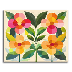 Four stylized flowers built from overlapping circles and arcs in pink, coral, and orange with green leaves on a cream background, shown as a paint by numbers canvas.