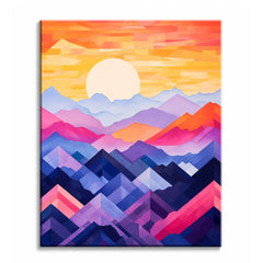 Faceted mountain ranges in magenta, indigo and violet under a pale sun and gold sky, shown as a paint by numbers canvas.
