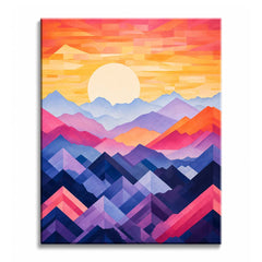 Rows of faceted mountain peaks in pink, violet, and navy rise toward an orange sunset sky, in a paint by numbers design.