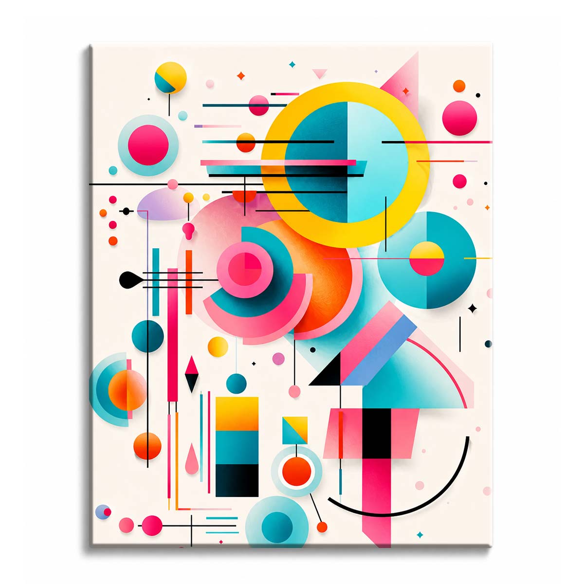 Bright circles, wedges and thin black lines arranged on a cream background, in a paint by numbers design.