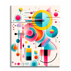Bright circles, wedges and thin black lines arranged on a cream background, in a paint by numbers design.