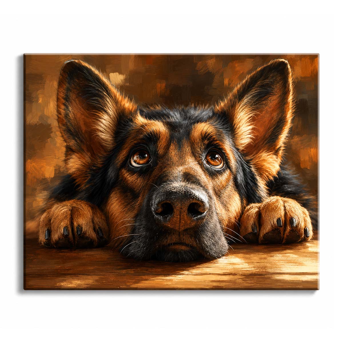 A German Shepherd rests its chin on a wooden floor with paws forward and amber eyes looking up, in a paint by numbers design.