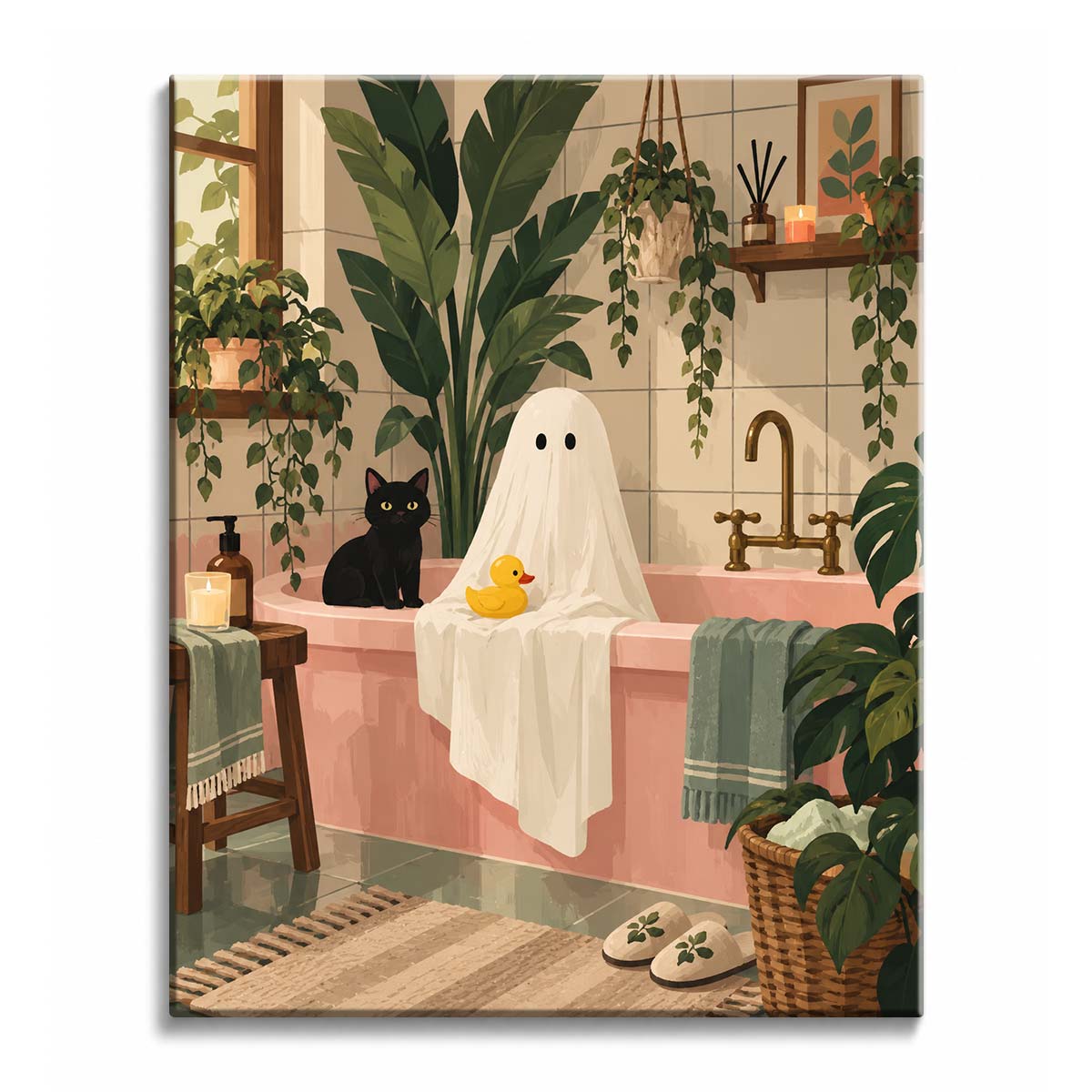 A white ghost sitting in a pink bathtub beside a black cat and a rubber duck, houseplants all around, in a paint by numbers design.