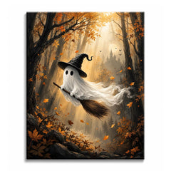 A ghost in a witch hat rides a broomstick through a misty autumn forest, castle and moon behind the trees, in a paint by numbers design.