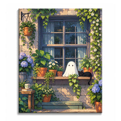 On a flower-filled window ledge, a small ghost sits beside a sleeping black cat, in a paint by numbers design.