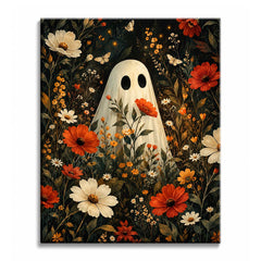 Standing in a midnight meadow of red and cream wildflowers, a white ghost gazes out between the blooms, in a paint by numbers design.