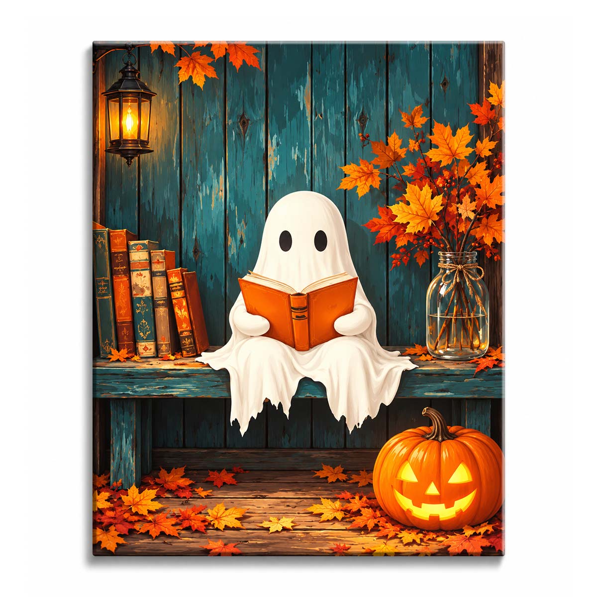 Lantern light falls on a ghost reading an orange book on a teal bench, maple branches in a glass jar beside it, in a paint by numbers design.