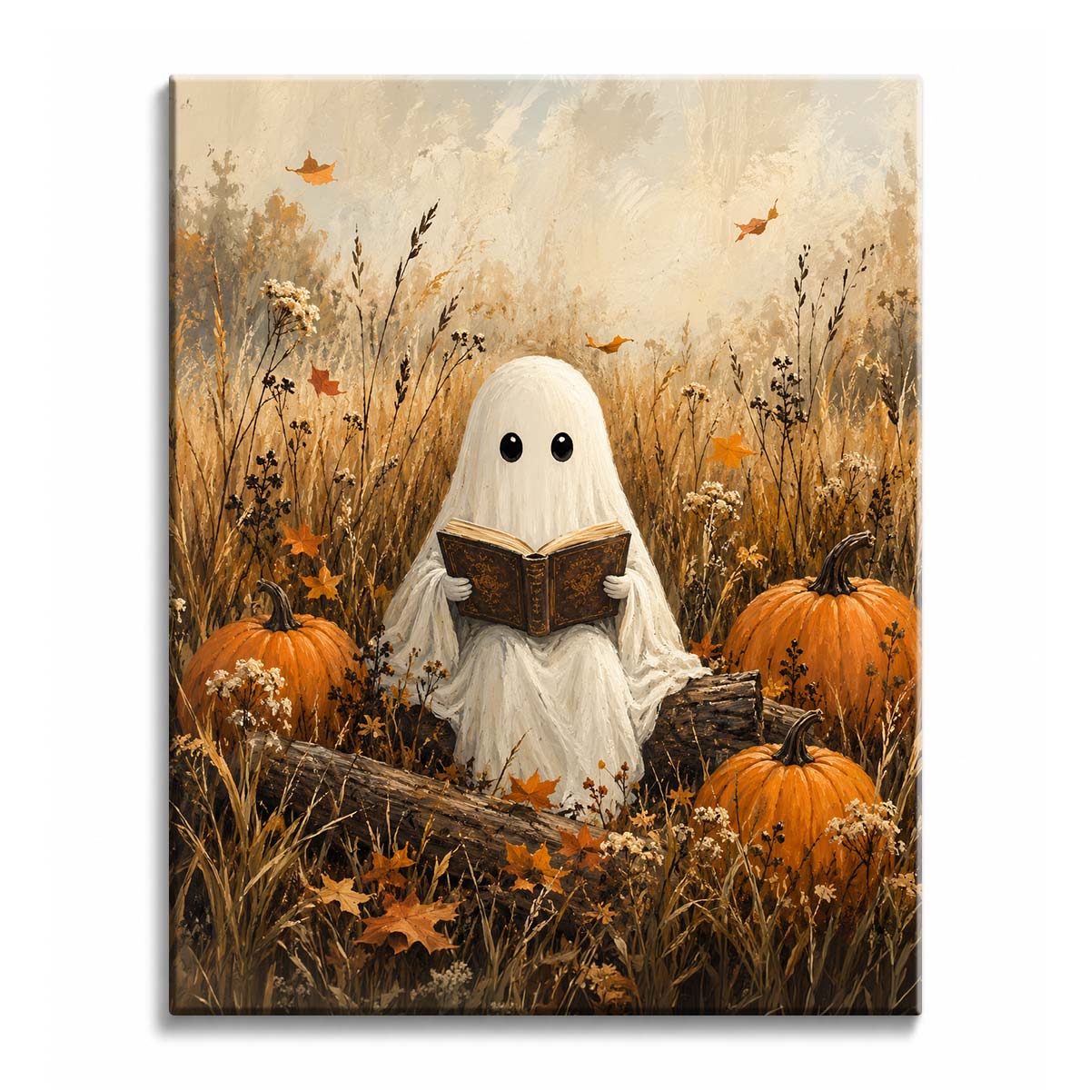 A ghost paint by numbers design showing a small ghost reading a book in a golden meadow among pumpkins and dried wildflowers.