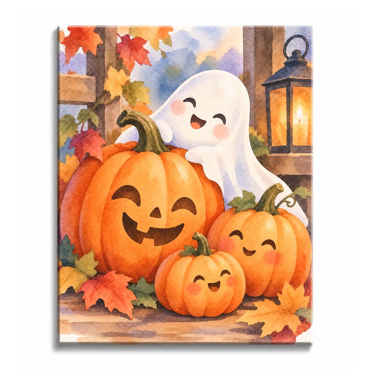On an autumn porch, a smiling ghost leans over jack-o'-lantern pumpkins beside a glowing lantern and colorful fall leaves in a watercolor paint by numbers design.