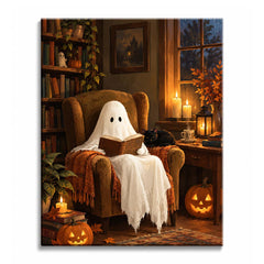 Candlelight warms a reading ghost in an old armchair surrounded by books, pumpkins, and a black cat in a Halloween paint by numbers design.