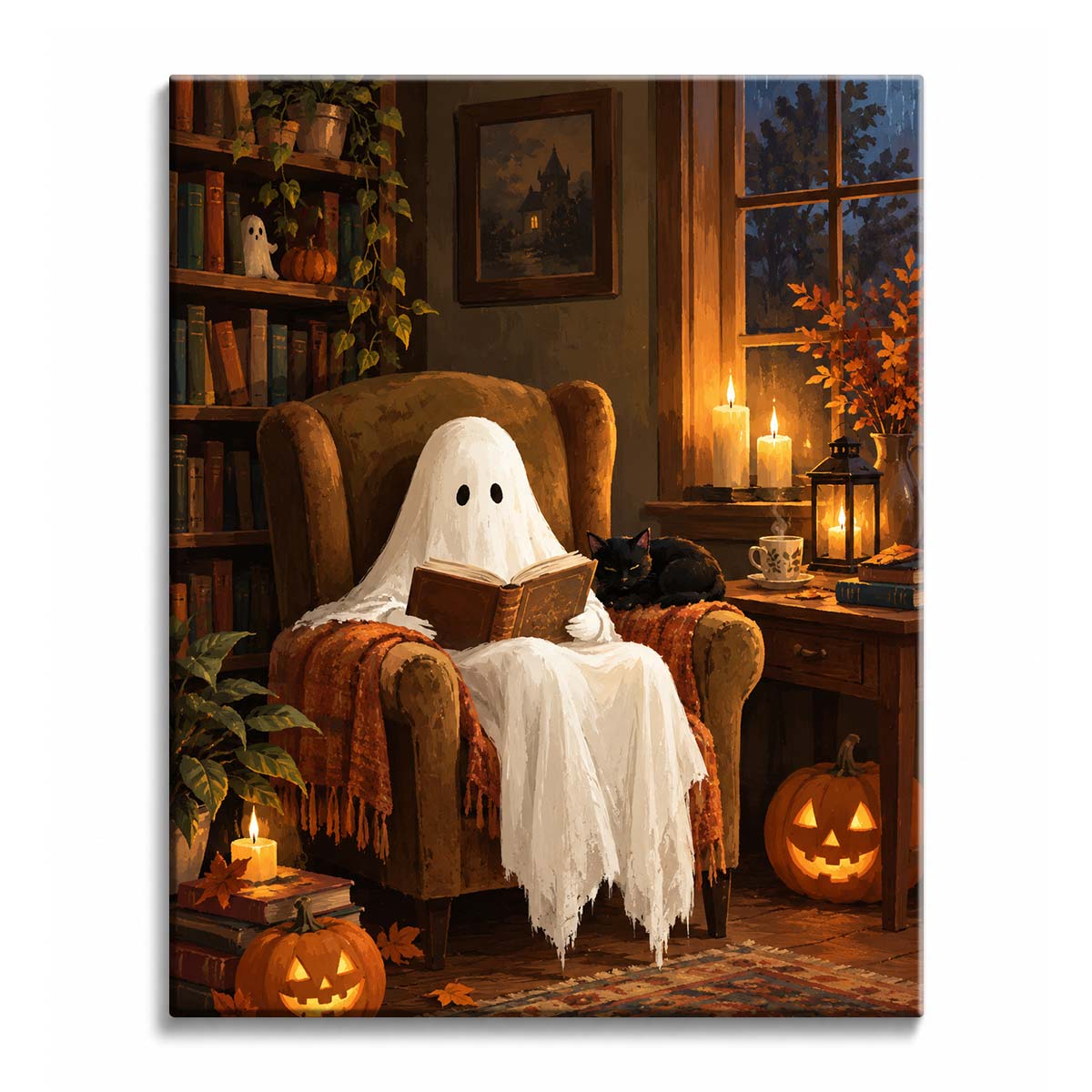 Candlelight warms a reading ghost in an old armchair surrounded by books, pumpkins, and a black cat in a Halloween paint by numbers design.
