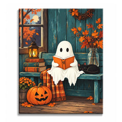 A ghost paint by numbers design showing a ghost reading a book on a teal bench, with a sleeping black cat, a jack-o'-lantern, and autumn maple leaves.