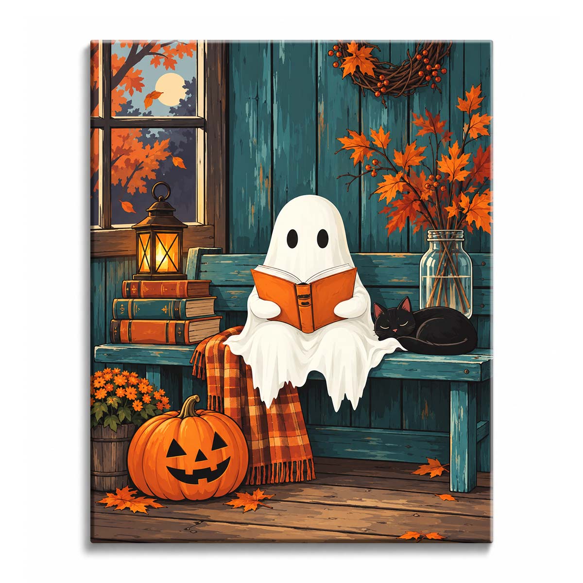 A ghost paint by numbers design showing a ghost reading a book on a teal bench, with a sleeping black cat, a jack-o'-lantern, and autumn maple leaves.