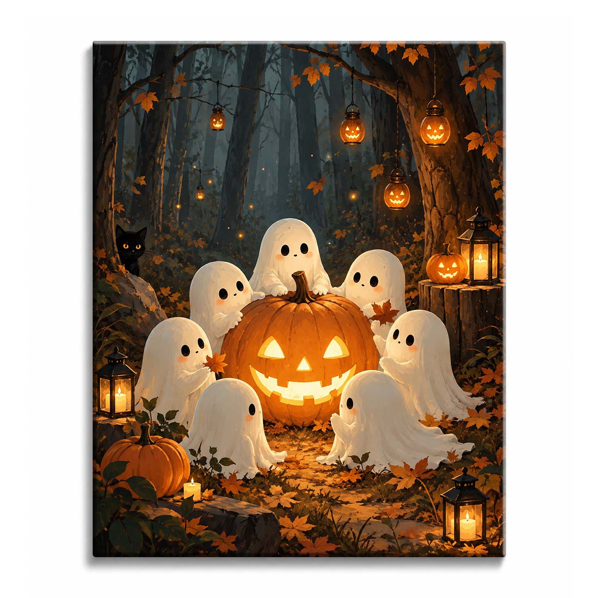 Seven white ghosts gather around a glowing jack-o'-lantern in an autumn forest filled with pumpkin lanterns in a Halloween paint by numbers design.