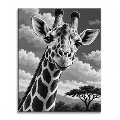 Head tilted toward the viewer and lashes long, a giraffe fills the frame before layered clouds and an acacia tree, in a black and white paint by numbers design.