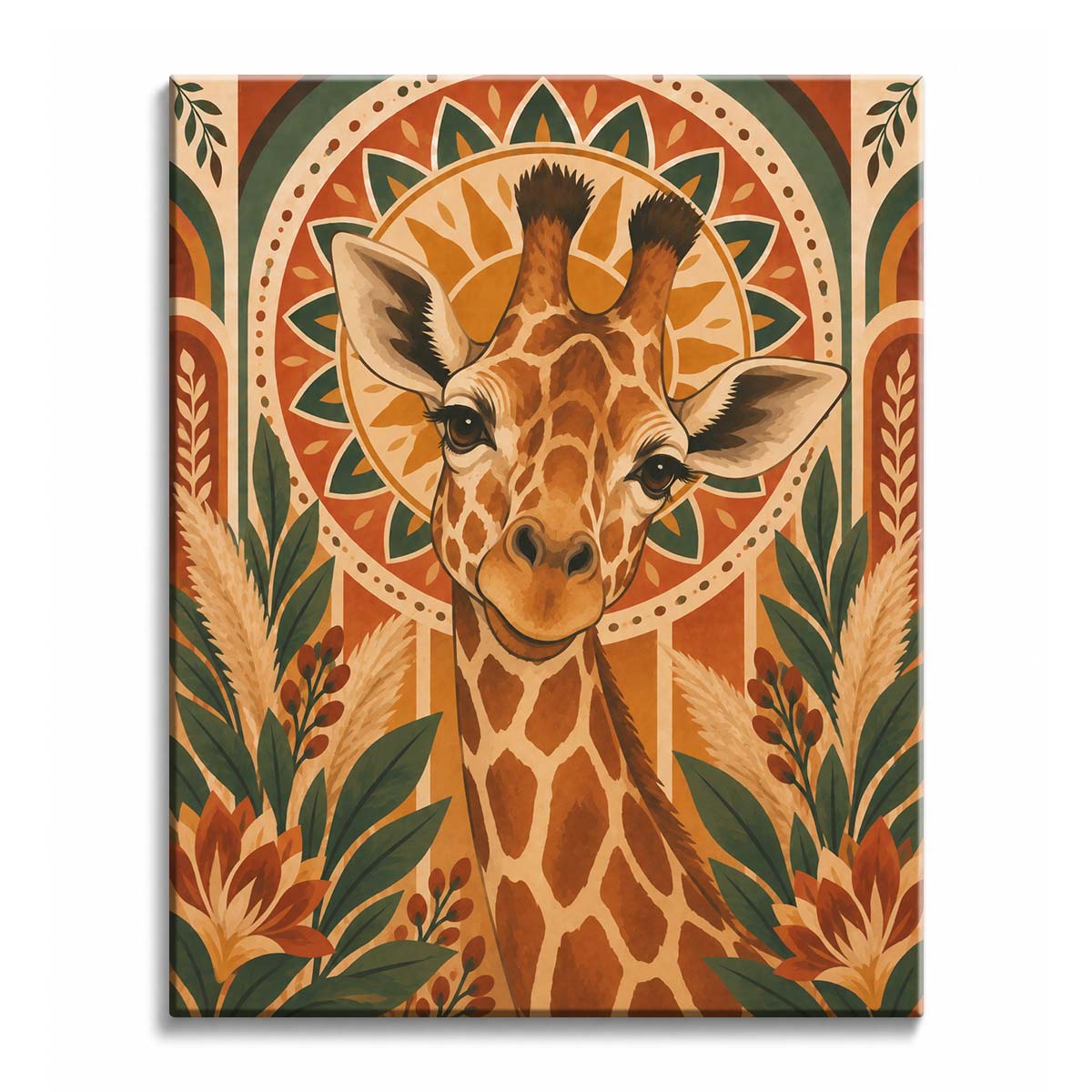 A giraffe paint by numbers design showing a forward-facing spotted giraffe, a large golden sunburst behind its head, and green foliage with terracotta flowers along the sides.