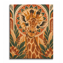 A giraffe paint by numbers design showing a forward-facing spotted giraffe, a large golden sunburst behind its head, and green foliage with terracotta flowers along the sides.