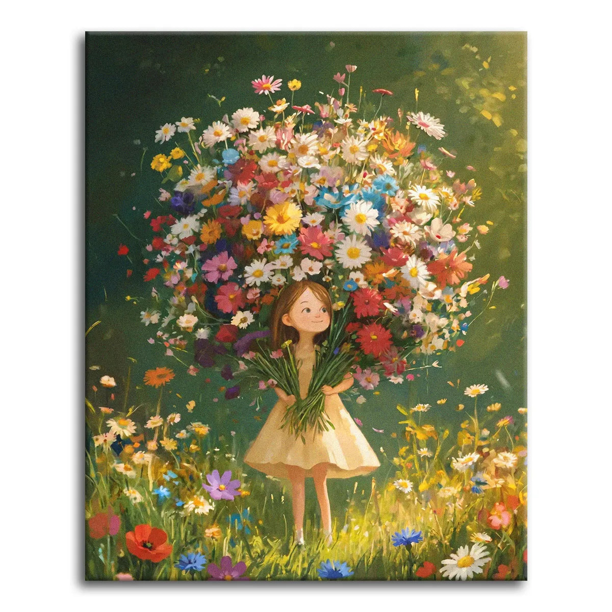 A little girl in a cream dress holding an enormous bursting bouquet of daisies and wildflowers in a sunlit summer meadow, shown as a paint by numbers canvas.