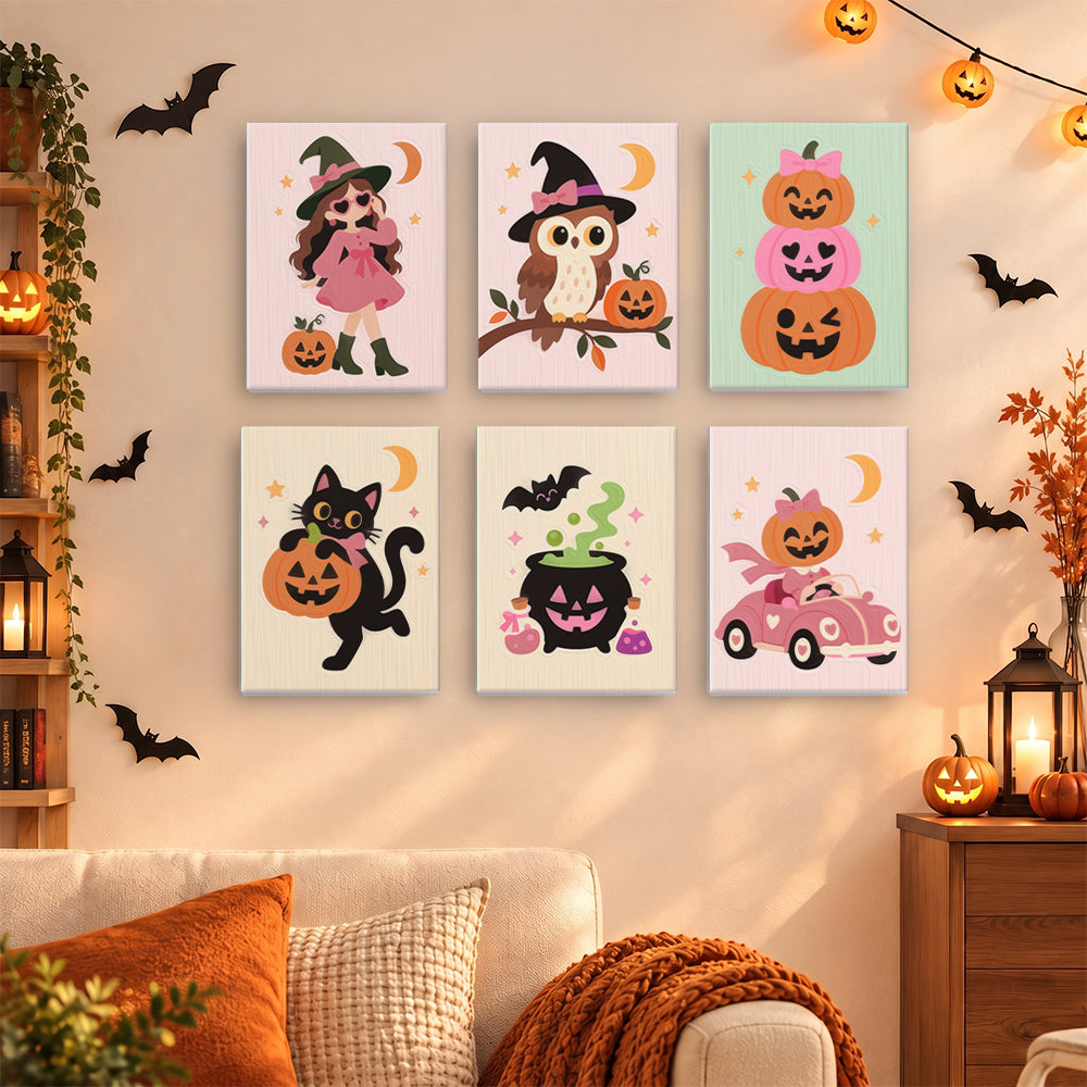 On blush and mint backgrounds, a witch in pink, an owl, a winking pumpkin stack, a black cat, and a pink convertible fill six designs, in a girly halloween paint by numbers mini set.