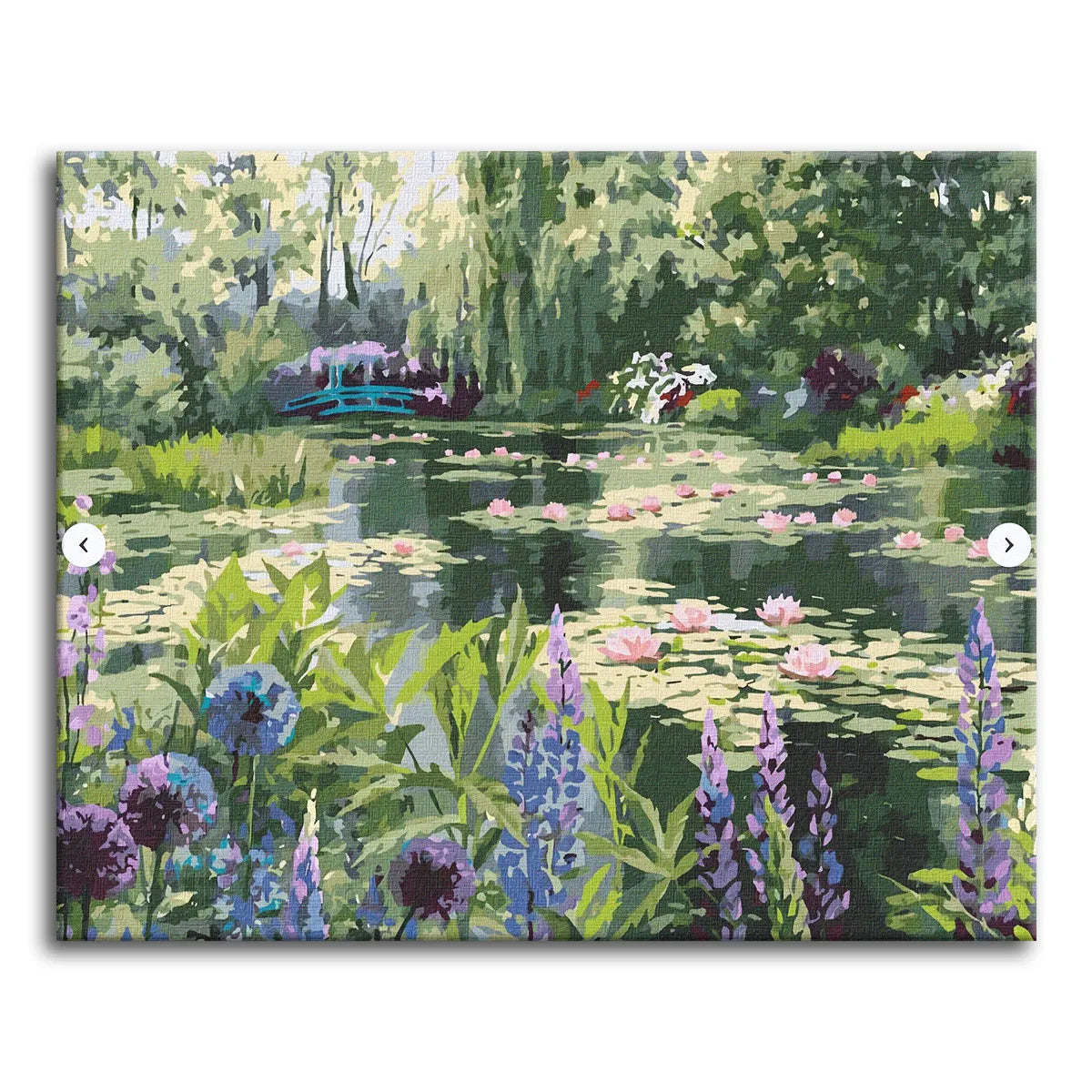 A paint by numbers Giverny garden scene with a teal Japanese bridge, a lily pond, and a foreground of lupines and purple alliums.